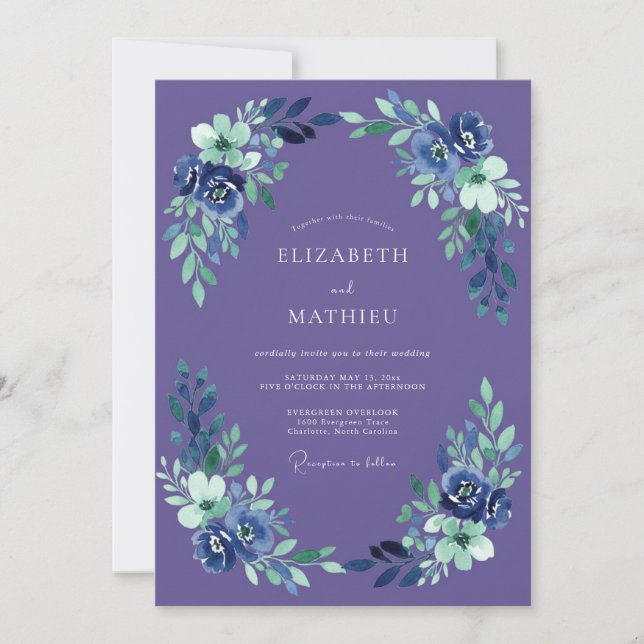 Convites Casamento com Flores Indigo Pintadas (Frente)