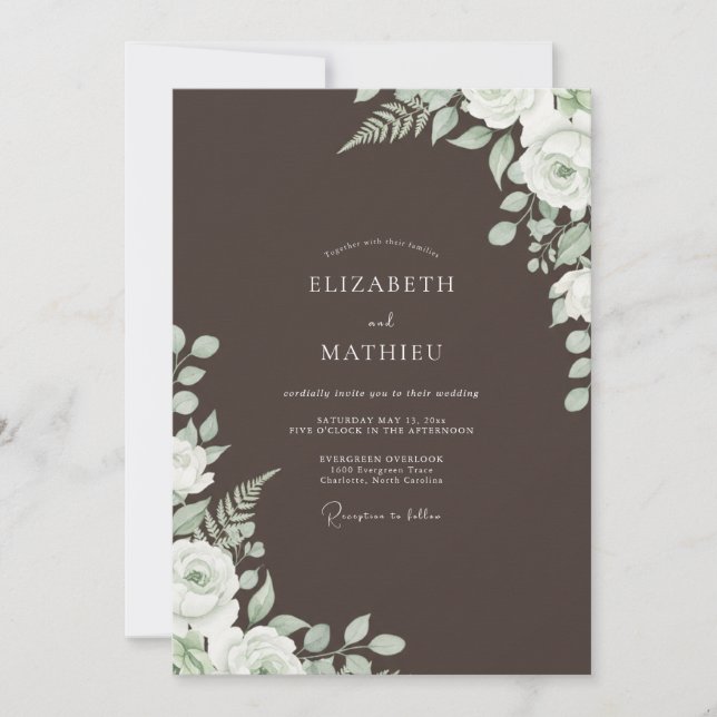 Convites Casamento com Flores Marrom Claro Verde (Frente)