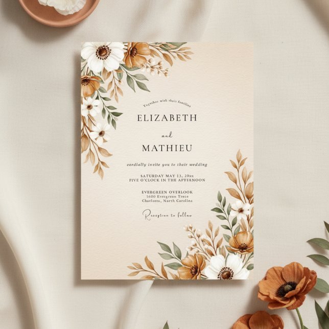 Convites Casamento com Flores Marrons Pintadas (Criador carregado)