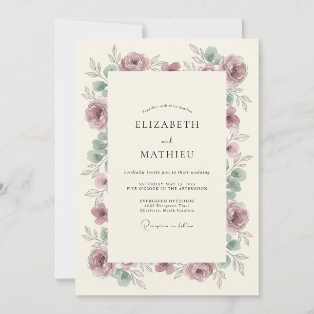 Convites Casamento com Flores Mauves em Abundância (Frente)