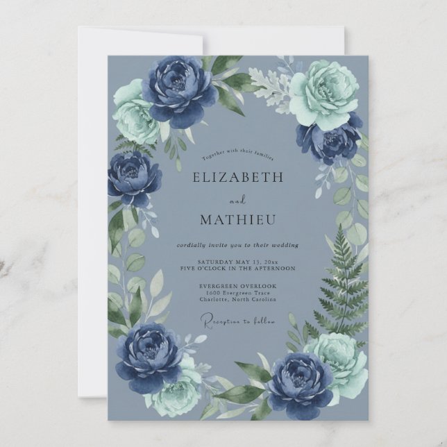 Convites Casamento com Flores Navy Bloom (Frente)