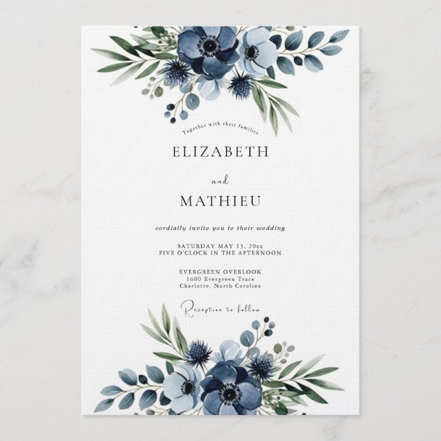 Convites Casamento com Flores Navy Floral Flourish (Frente)