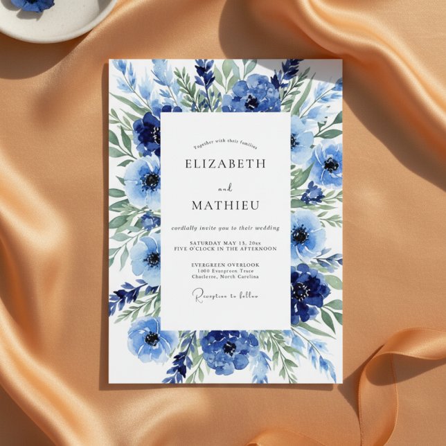 Convites Casamento com Flores Navy Pintadas com Floreio (Criador carregado)