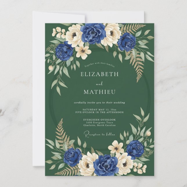 Convites Casamento com Flores Navy Verdant (Frente)