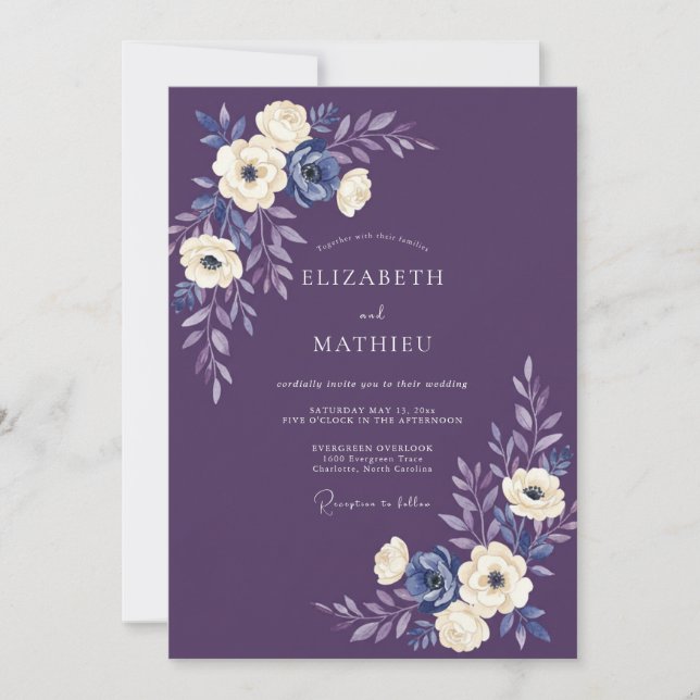 Convites Casamento com Flores Painterly Roxas (Frente)