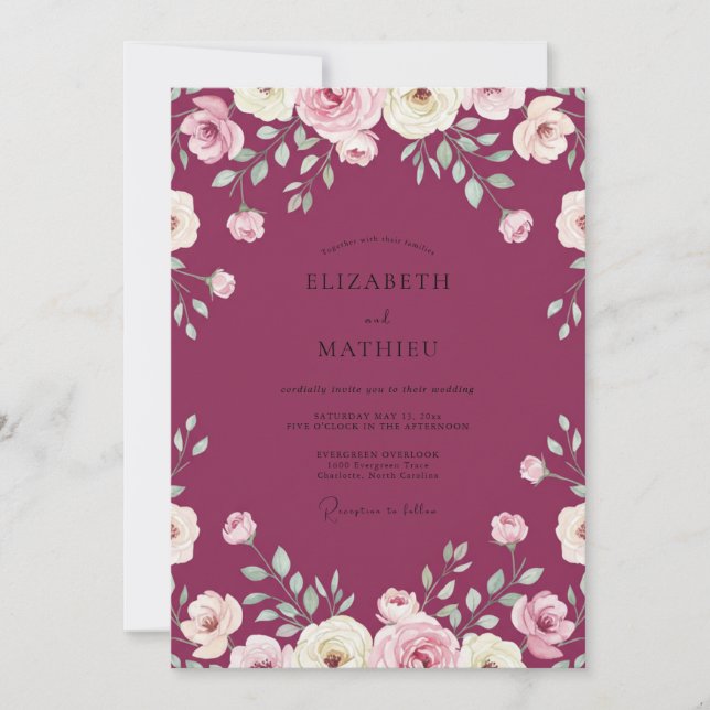 Convites Casamento com Flores Pintadas de Magenta (Frente)