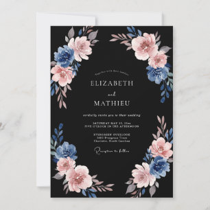 Convites Casamento com Flores Pintadas em Azul Rosa