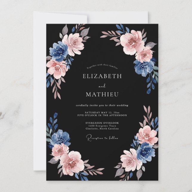 Convites Casamento com Flores Pintadas em Azul Rosa (Frente)