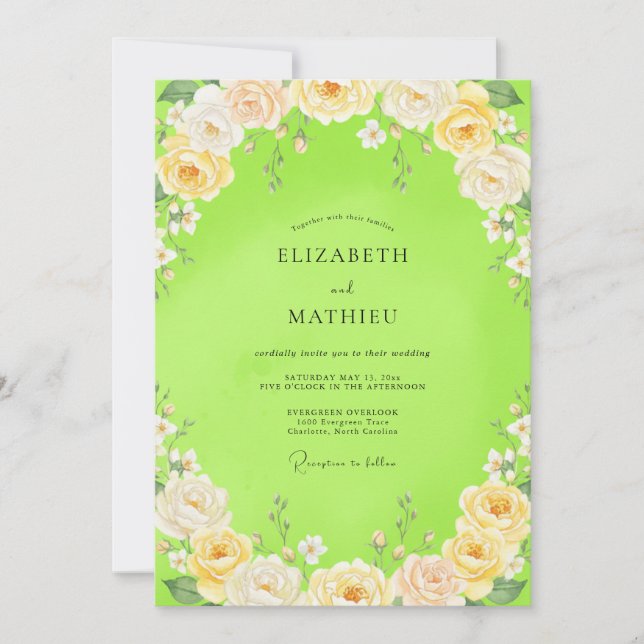 Convites Casamento com Flores Pintadas em Chartreuse (Frente)