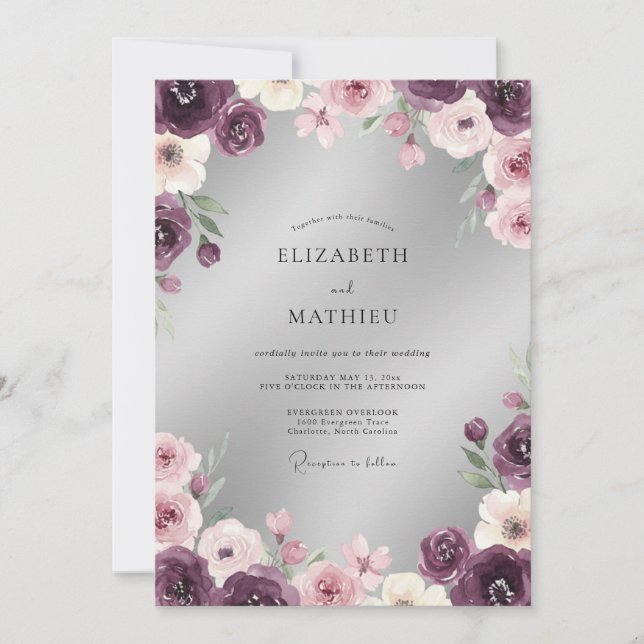 Convites Casamento com Flores Românticas de Ameixa (Frente)