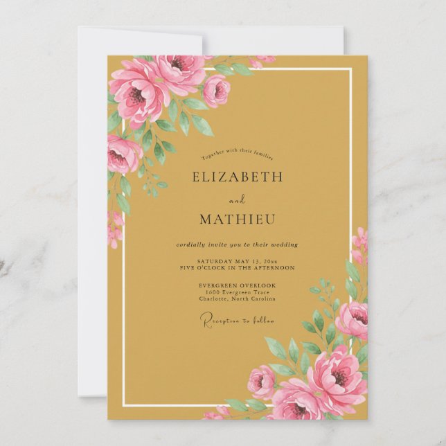 Convites Casamento com Flores Românticas e Ochre (Frente)
