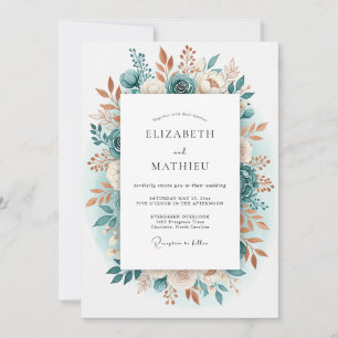 Convites Casamento com Flores Românticas em Verde Azul