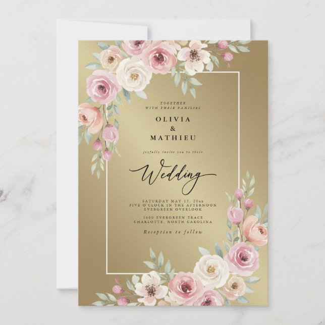 Convites Casamento com Flores Rosa Bege e Floração (Frente)