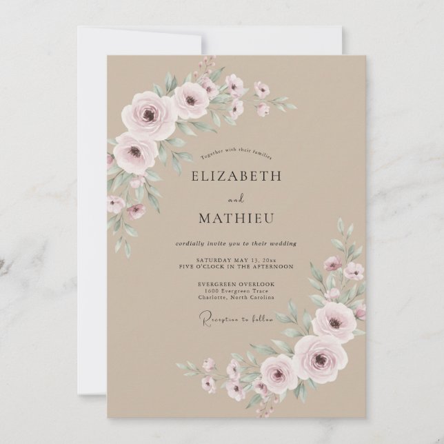 Convites Casamento com Flores Rosadas e Floreios (Frente)