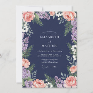 Convites Casamento com Flores Rosadas Navy