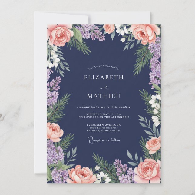 Convites Casamento com Flores Rosadas Navy (Frente)