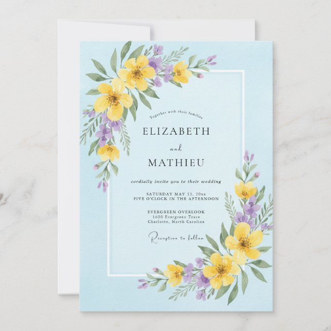 Convites Casamento com Flores Silvestres de Manteiga no Céu (Frente)