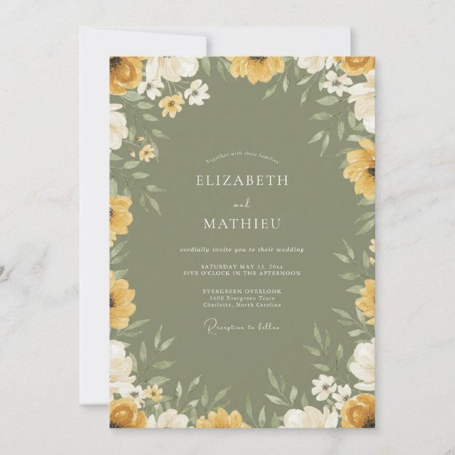 Convites Casamento com Flores Silvestres de Mostarda e Oliv (Frente)