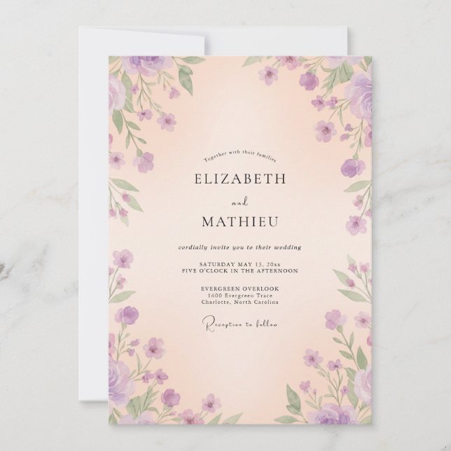 Convites Casamento com Flores Silvestres e Champanhe Lavand (Frente)