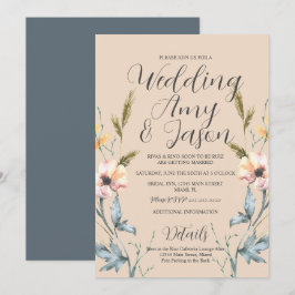 Convites Casamento com Flores Silvestres em Aquarela Creme 