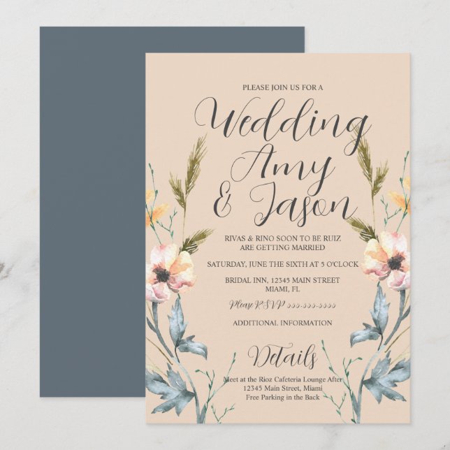 Convites Casamento com Flores Silvestres em Aquarela Creme  (Frente/Verso)