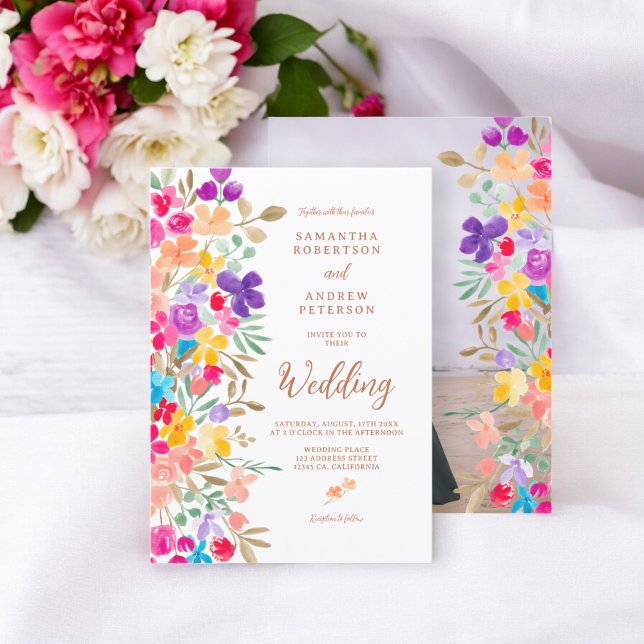 Convites Casamento com flores silvestres pintadas (Painted garden wildflowers photo script wedding invitation)