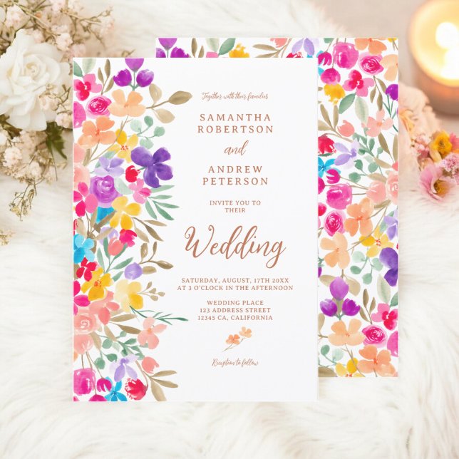 Convites Casamento com flores silvestres pintadas (Painted garden wildflowers photo script wedding invitation)