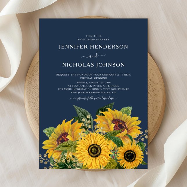 Convites Casamento com flores solares azuis do Marinho Eleg (Elegant Navy Blue Sunflowers Wedding Invitation)