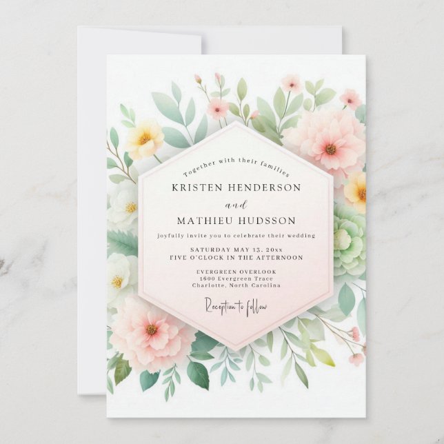 Convites Casamento com Flores Suaves Blush & Sage (Frente)