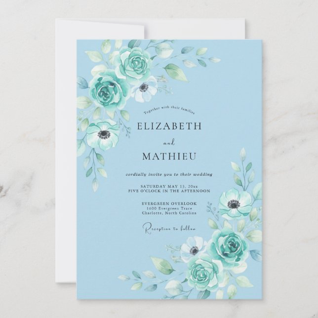 Convites Casamento com Flores Suaves em Azul Turquesa (Frente)