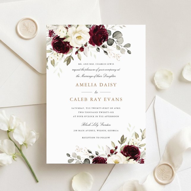 Convites Casamento com Flores Vermelho Borgonha Branco e Ve (Criador carregado)