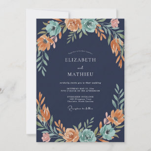 Convites Casamento com Flores Vibrantes Laranja e Azul Turq