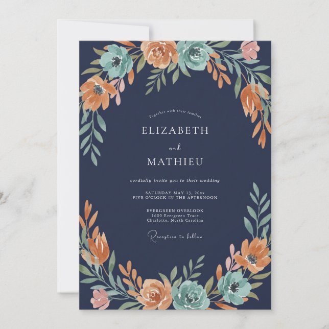 Convites Casamento com Flores Vibrantes Laranja e Azul Turq (Frente)