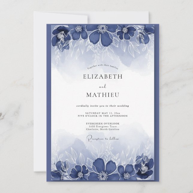 Convites Casamento com Florescer Pintado de Índigo (Frente)