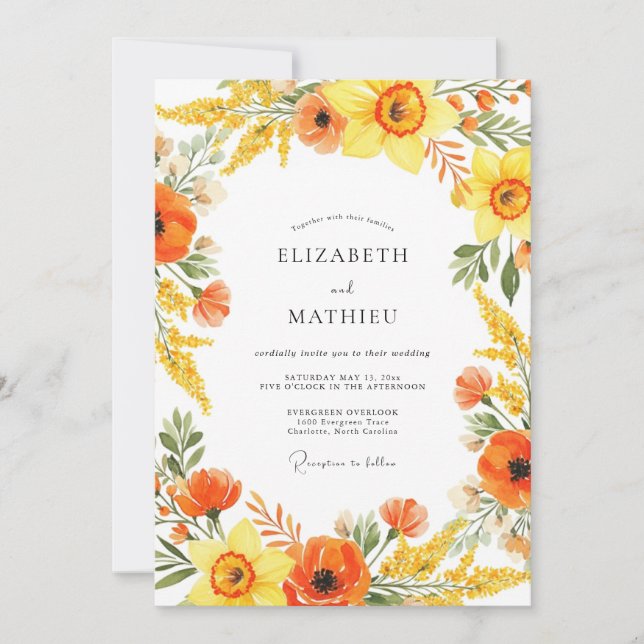 Convites Casamento com Florescer Pintado de Laranja Amarelo (Frente)