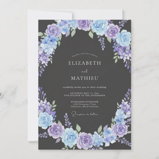 Convites Casamento com Florescer Pintado de Violeta Azul (Frente)