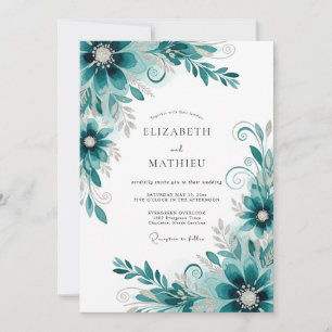Convites Casamento com Florescimento Abstrato em Verde-azul