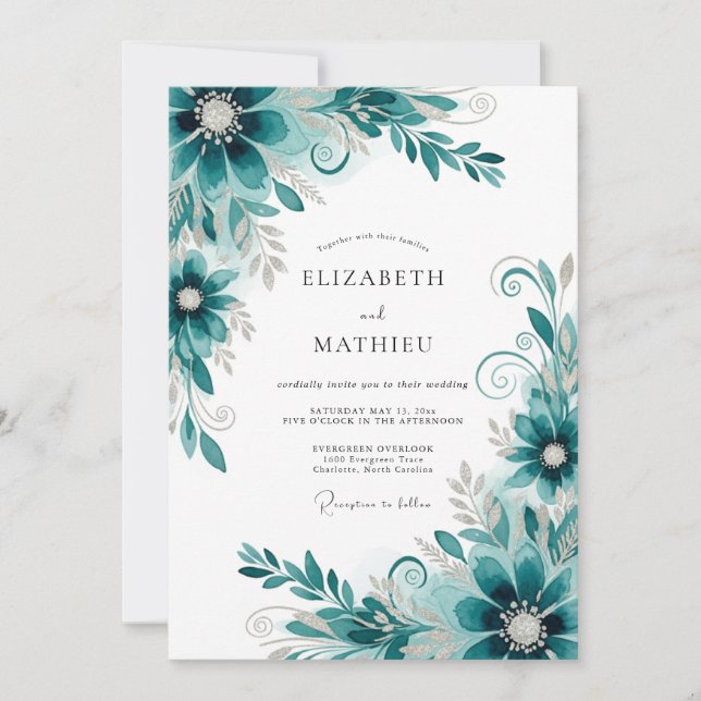 Convites Casamento com Florescimento Abstrato em Verde-azul (Frente)