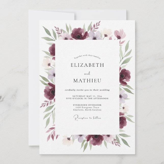 Convites Casamento com Florescimento de Pétala Borgonha (Frente)