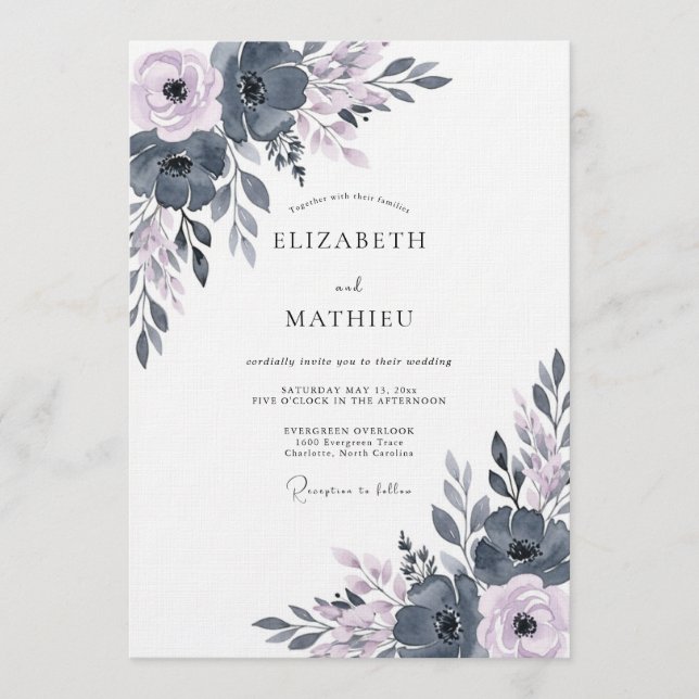 Convites Casamento com Florescimento Etéreo Azul Ardesia (Frente)