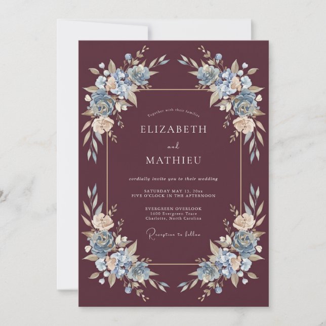 Convites Casamento com Florescimento Etéreo Azul Borgonha (Frente)
