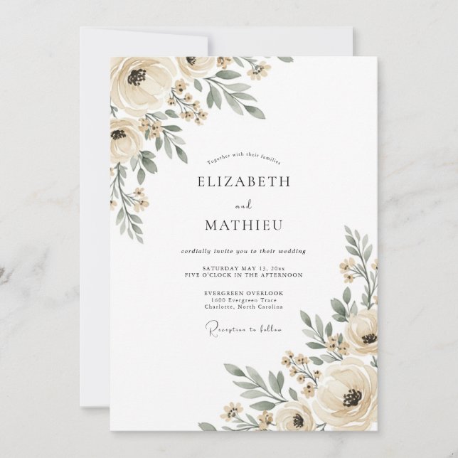 Convites Casamento com Florescimento Etéreo de Creme (Frente)