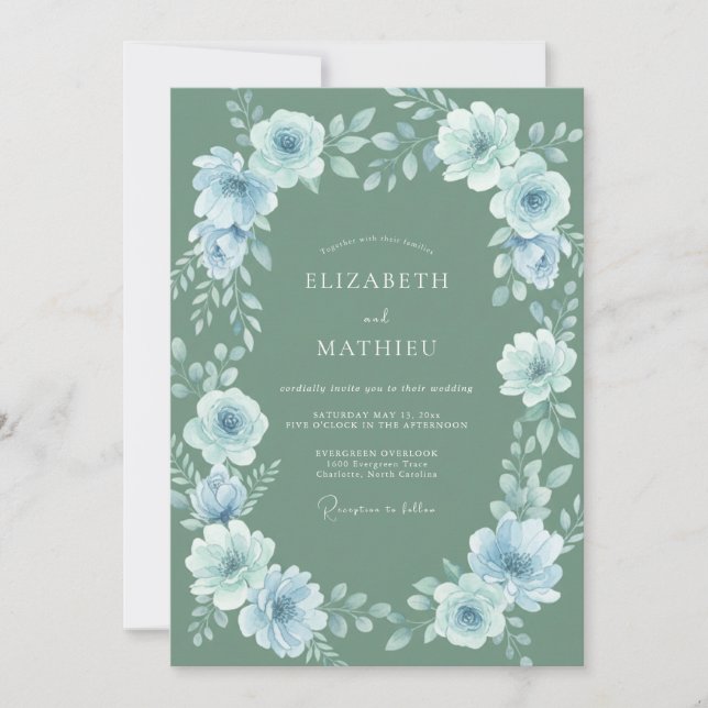 Convites Casamento com Florescimento Etéreo em Azul Desbota (Frente)