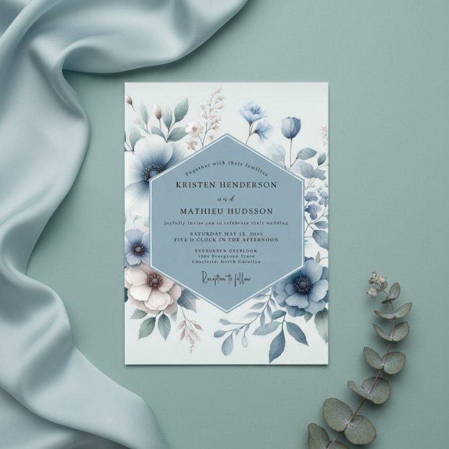 Convites Casamento com Florescimento Etéreo em Azul Poeiren (Criador carregado)