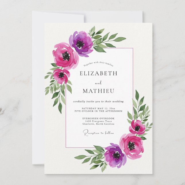 Convites Casamento com Florescimento Etéreo Magenta (Frente)