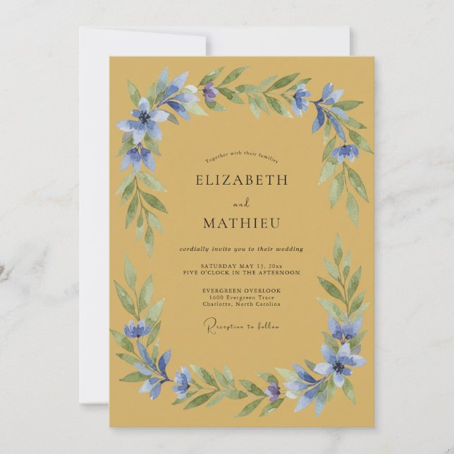 Convites Casamento com Florescimento Floral Azul Ócre (Frente)