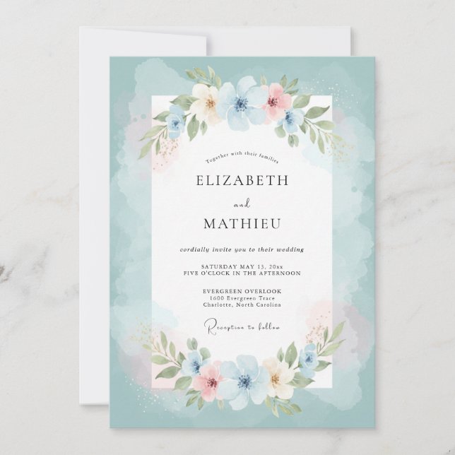 Convites Casamento com Florescimento Floral Azul Turquesa (Frente)