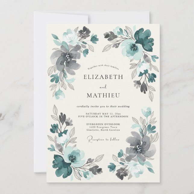 Convites Casamento com Florescimento Floral Azul- Verde (Frente)