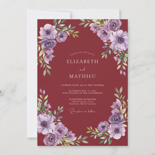 Convites Casamento com Florescimento Floral Carmesim (Frente)
