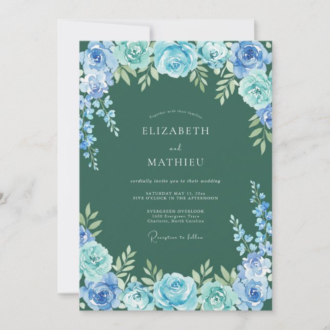 Convites Casamento com Florescimento Floral Verde Azul (Frente)